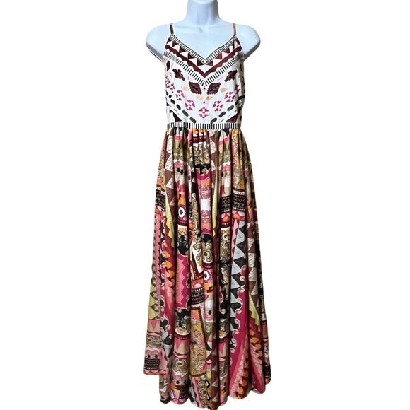 Versona Dresses & Skirts - Boho Embroidered Smocked Maxi Dress Women's M Festival Geometric Hippie Resort